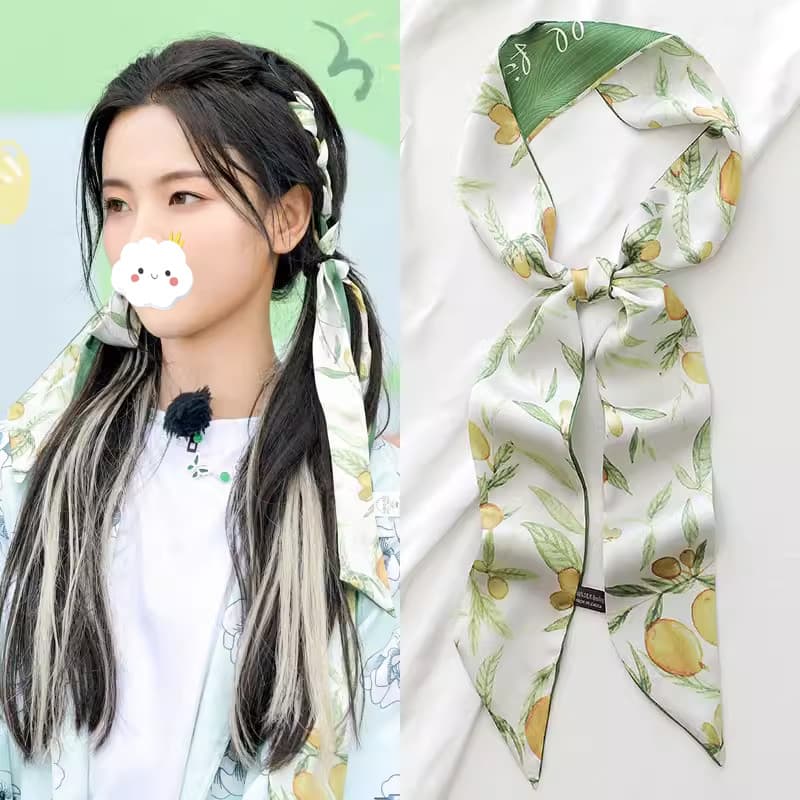 Verde pequeno longo estreito lenço de seda feminino gravata cabeça trançada faixa de cabelo saco fita corda de cabelo St