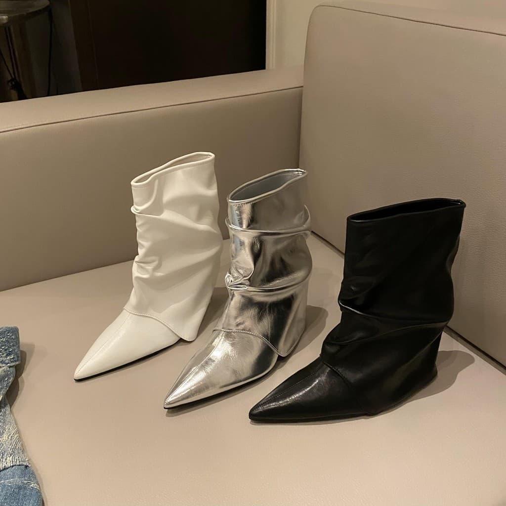 Menina quente prata botas de salto alto pilha feminino outono inverno temperamento apontou Toe meados de tubo botas pequ