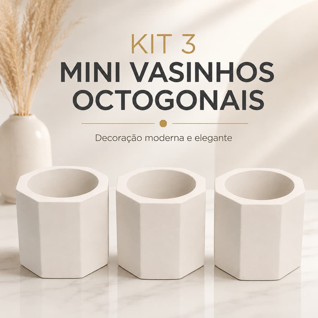 Kit de 3 mini vasinhos formato octogonal de gesso cru - ideal para suculentas e velas e decoração