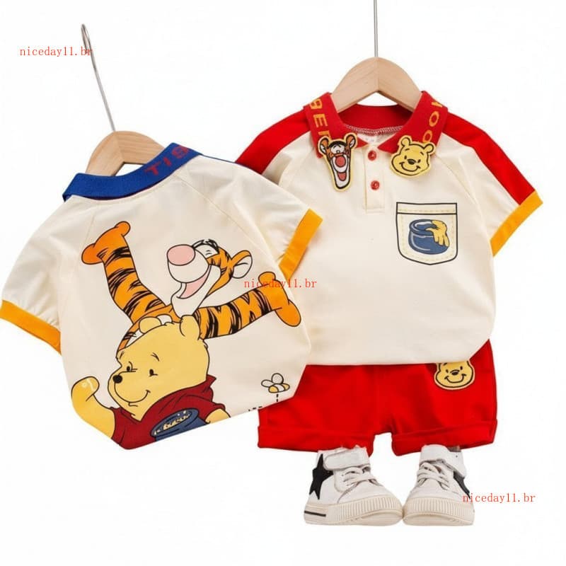 Conjunto de Verão do Winnie The Pooh para Meninos, Conjunto de 2 Peças com Mangas Curtas e Estampa de Desenho Animado, R