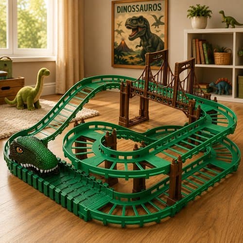Pista Infantil Dinossauro com Carrinho Motorizado 150cm Circuito Montável com Curvas Pontes Subida