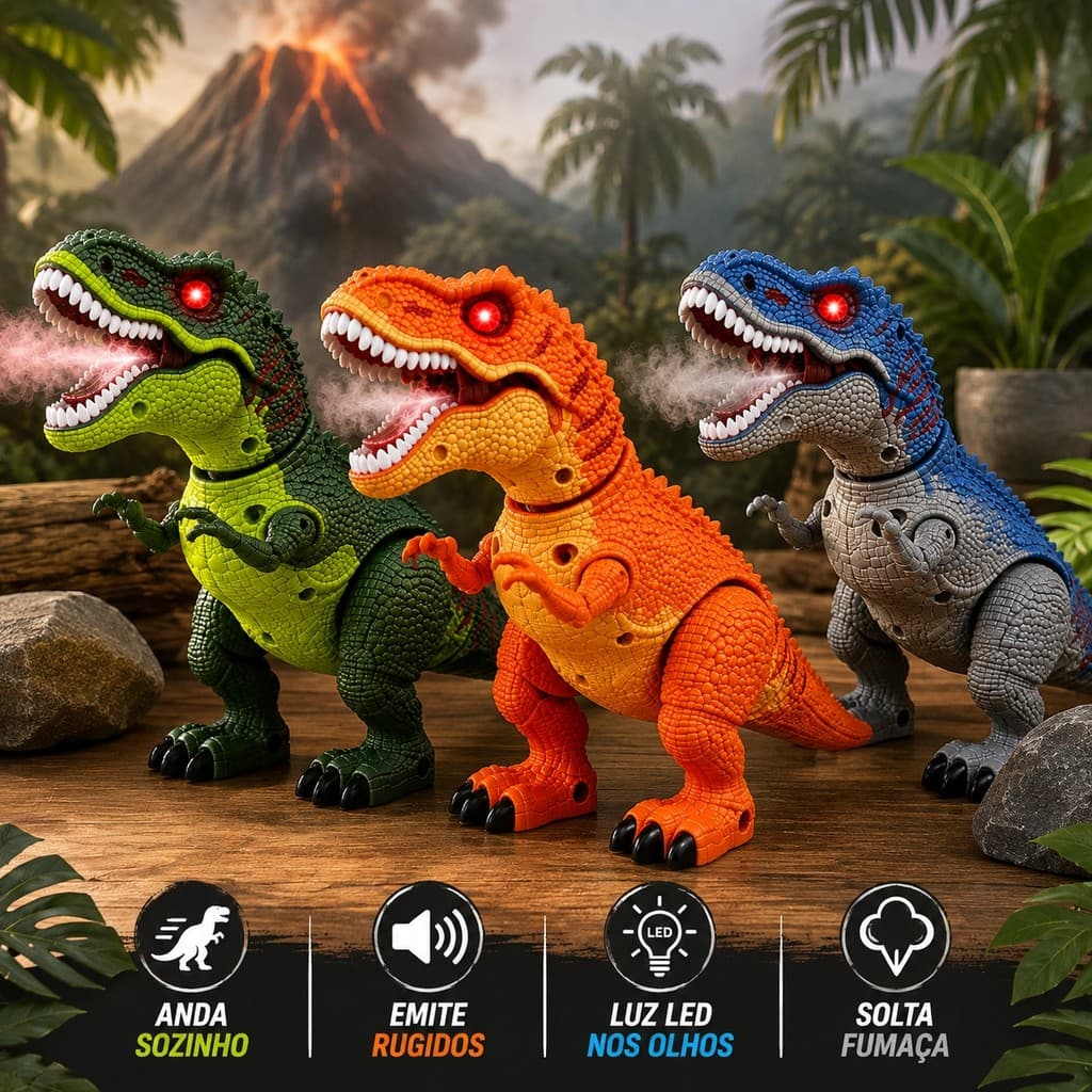 Dinossauro TRex Brinquedo Anda Solta Fumaça Rugido Luz e Som