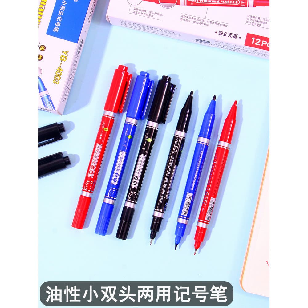 Uma caneta pequena caneta marcador de duas cabeças vermelho azul preto oleoso gancho linha caneta espessura de duas cabe
