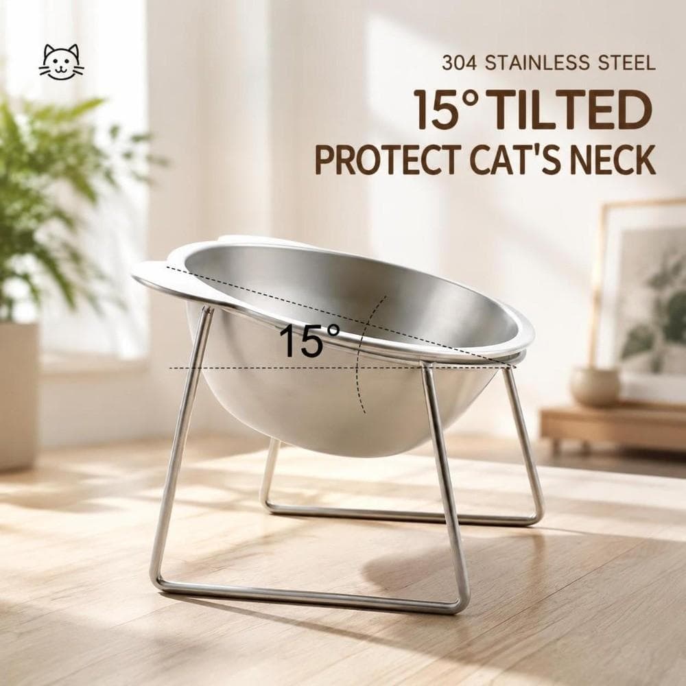 Tigela Elevada Para Gatos , De Aço Inoxidável Animais De Estimação De Grande Capacidade Larga De 5.9 " , Base Antiderrap