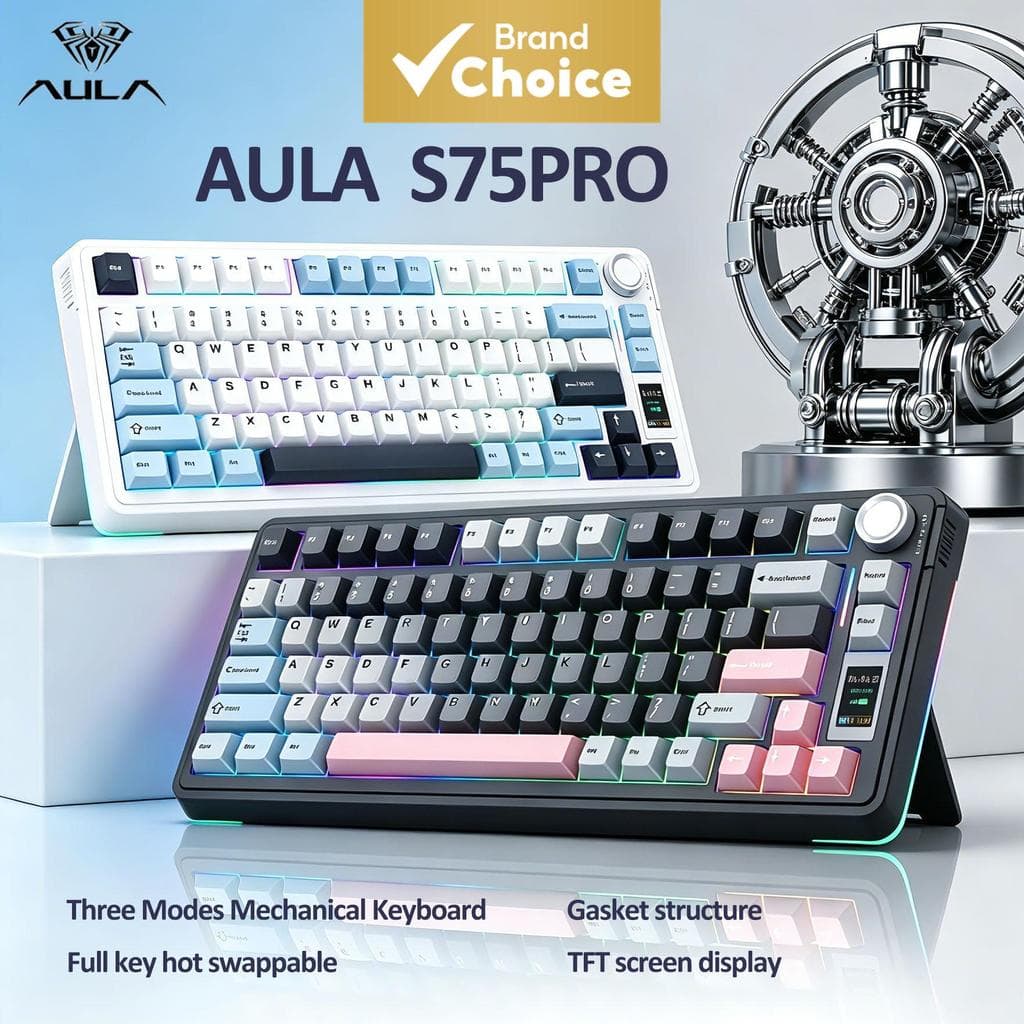 Teclados Aula S75Pro Teclado Gamer 75% Sem Fio Tri Modo Hot Swappable RGB Retroiluminado com Botão LCD 4000mAh