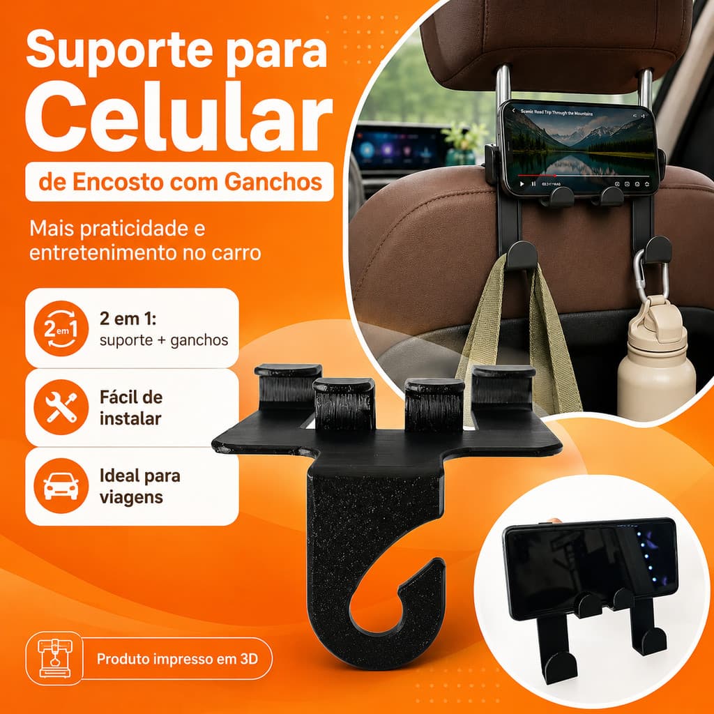 Suporte de Celular para Encosto de Banco de Carro com Ganchos Organizador