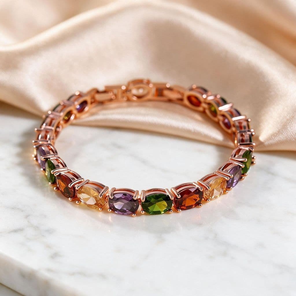 Pulseira de zircônia cúbica oval, em tons de rosa dourado e com várias cores – uma peça de joalheria luxuosa e elegante