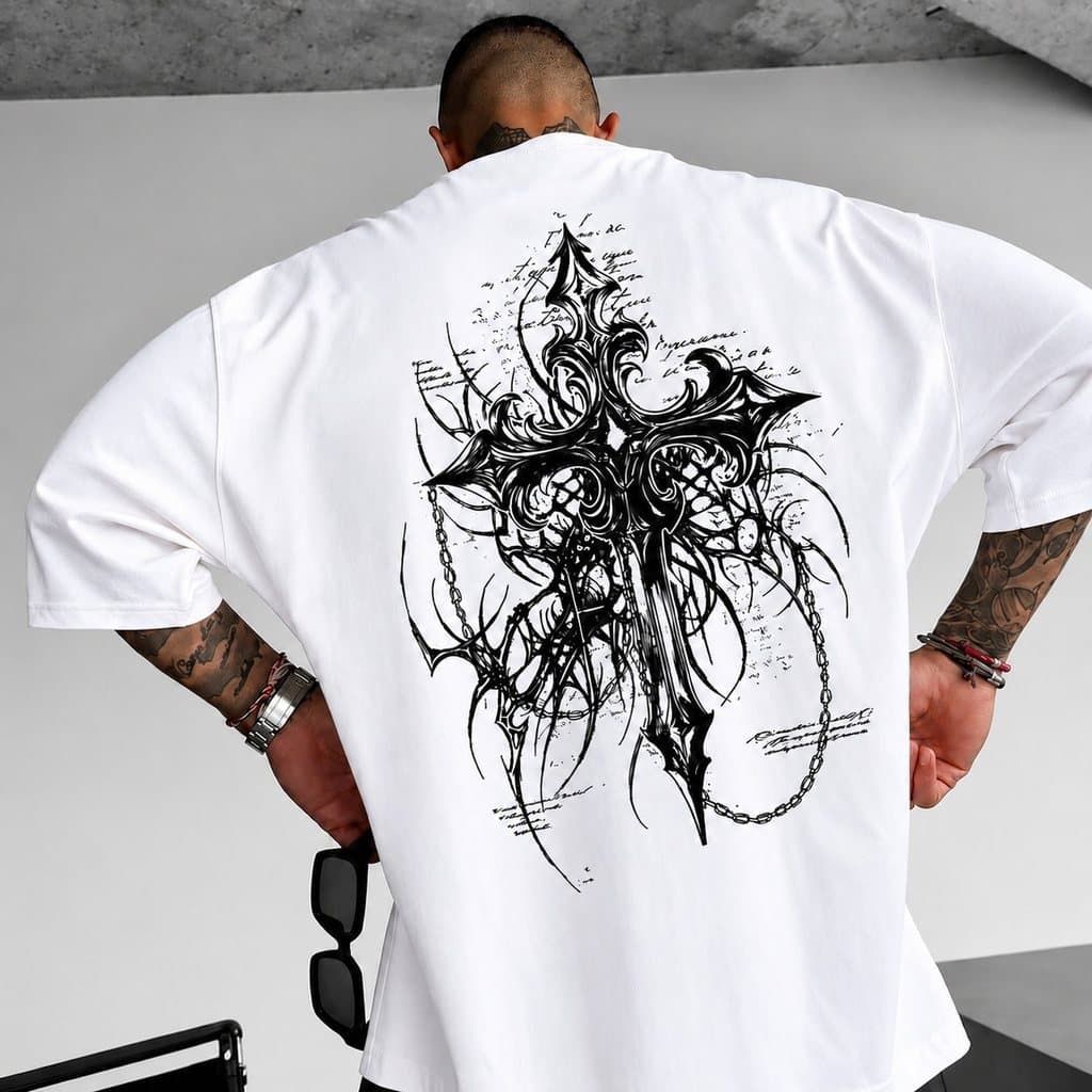 Camiseta Masculina Cruz Gótica Estampa Grande nas Costas Manga Curta Estilo Urbano Y2K Casual