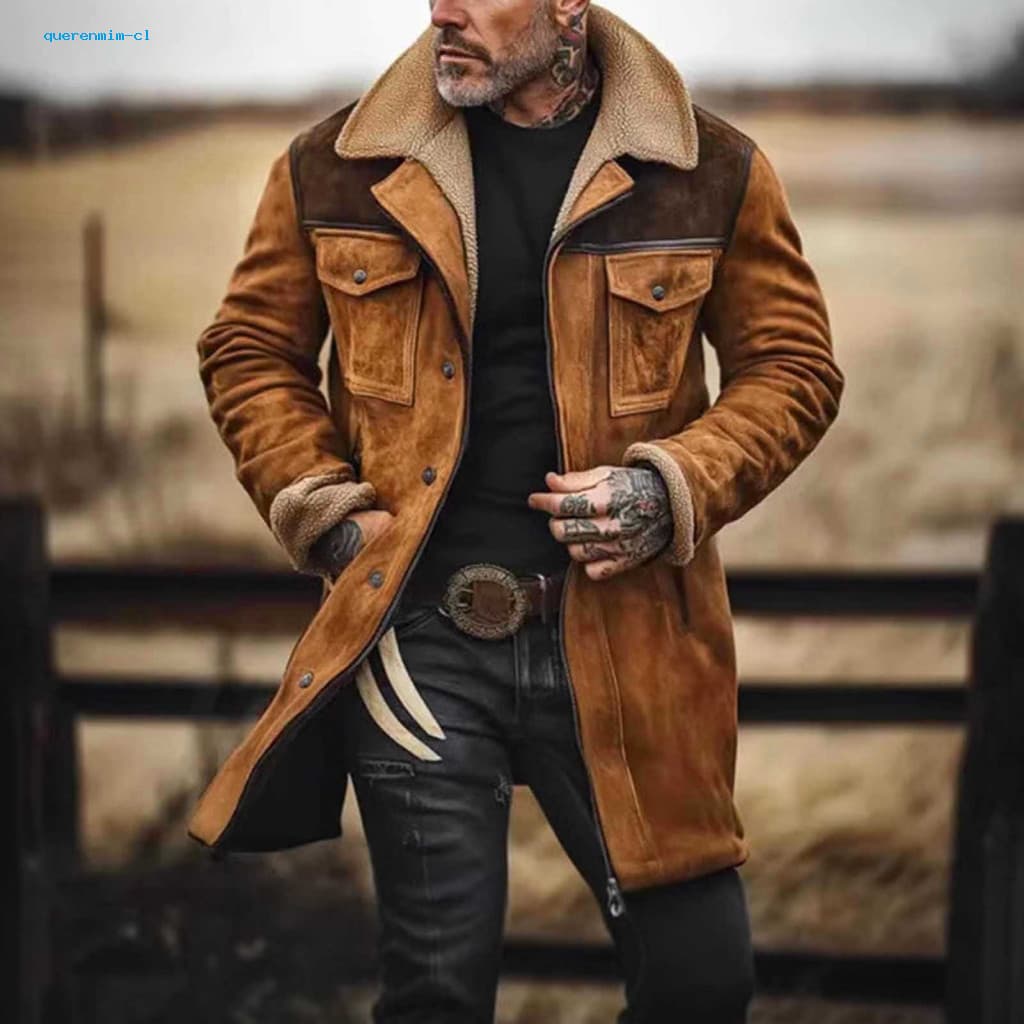 Casaco De Motocicleta De Comprimento Médio Formal De Lapela Jaqueta Masculina De Camurça Vintage Para Com De Pelúcia Man