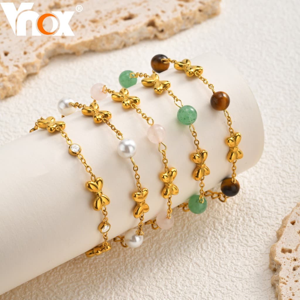 Pulseira Vnox 2026 com laço de aço inoxidável dourado e contas de pedra natural, ideal para meninas, meninos e crianças,