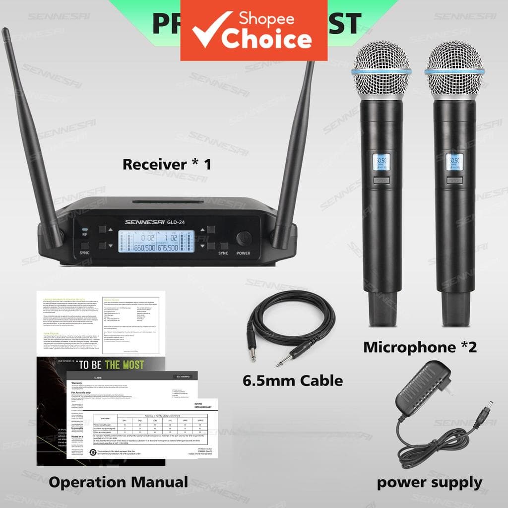 Sistema Profissional de Microfone Sem Fio GLXD24 Beta58 UHF, Canal Duplo, Microfone Dinâmico de Mão