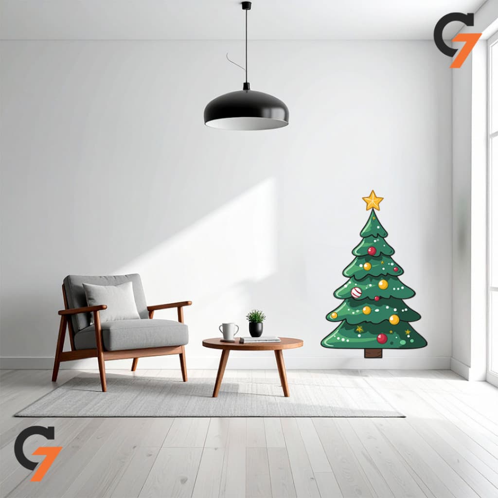 Adesivo de Parede Árvore de Natal Enfeitada Decoração Natalina Autocolante Lavável Vitrine Móveis