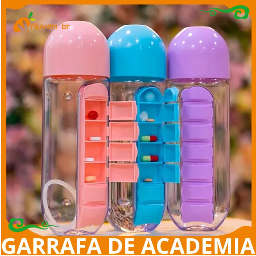 Garrafa Academia Fitness de Água com Porta Comprimidos 600ML Lembrete de Comprimidos Porta Comprimido 600ML Nuvem