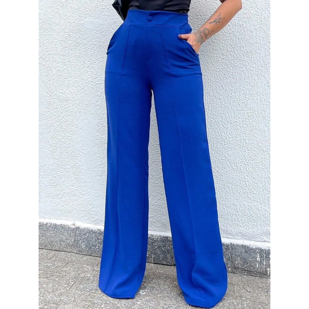 Calça Feminina Pantalona alfaiataria Wide Leg Duna com Botão Bolso
