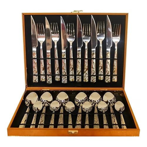 Kit Faqueiro Maleta Dourada 24 Peças Inox Com Dourado Lindo