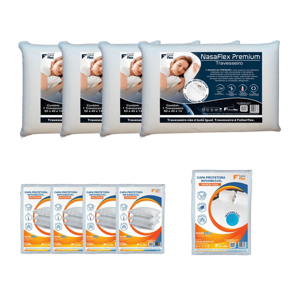 Kit Cama Casal 9 Peças com 4 Travesseiros Nasa Premium e Protetores Impermeáveis Antiácaro
