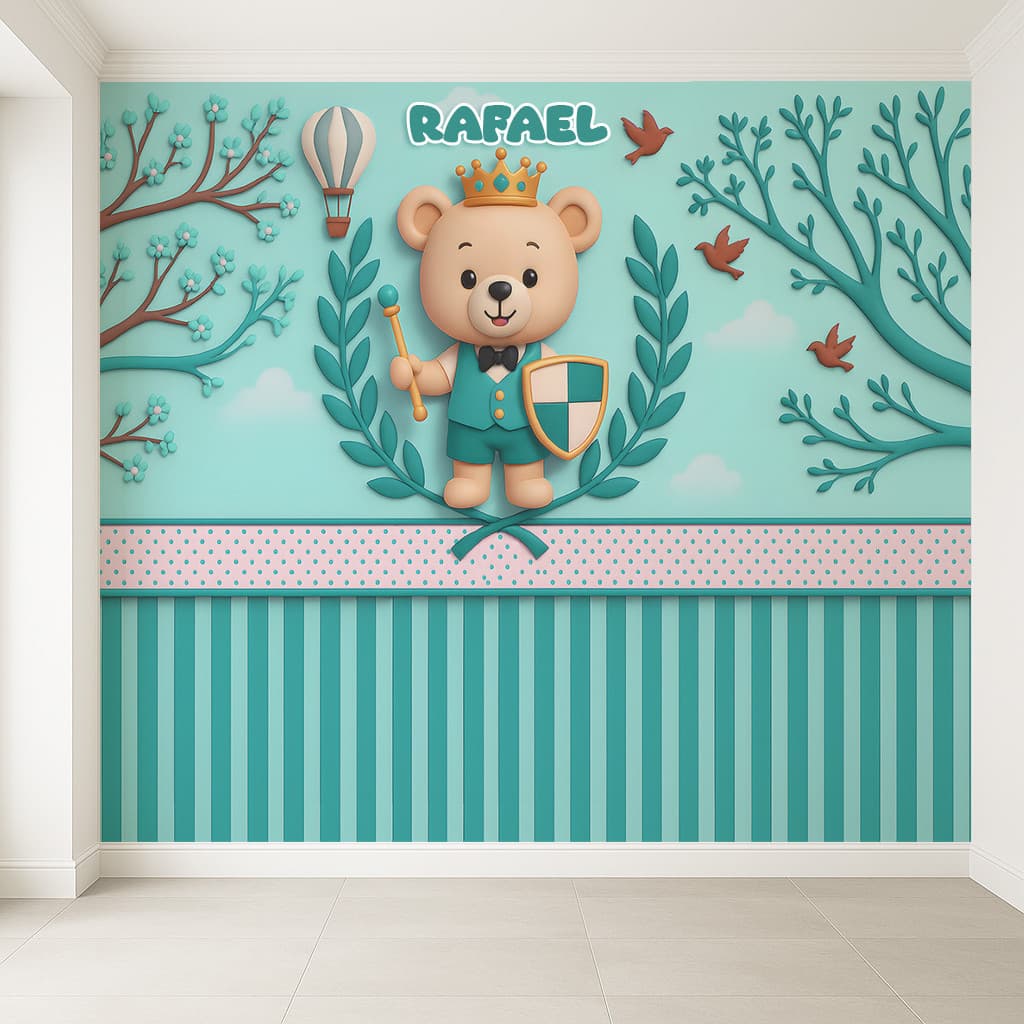 Papel de Parede Ursinho Principe com Nome Parede Total Verde Azulado