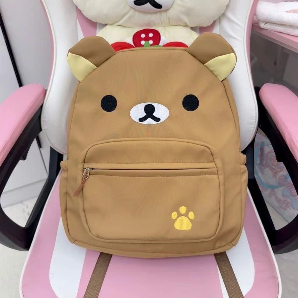 Mochila de Estilo Japonês Feita à Mão de Alto Valor, Urso Bordado em Lona Marrom, Mochila Versátil para Estudantes, Moch