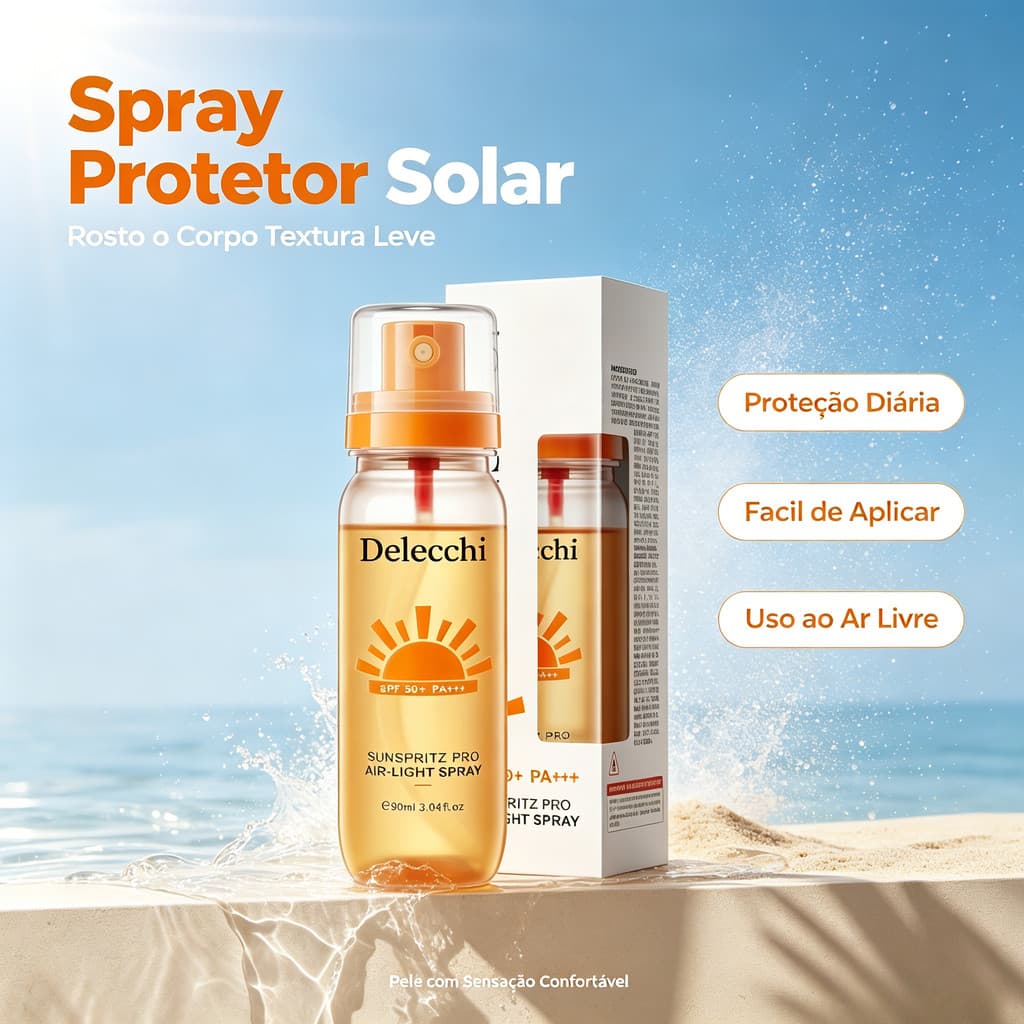 Spray protetor solar de textura leve, adequado para rosto e corpo, proporcionando proteção solar para atividades diárias