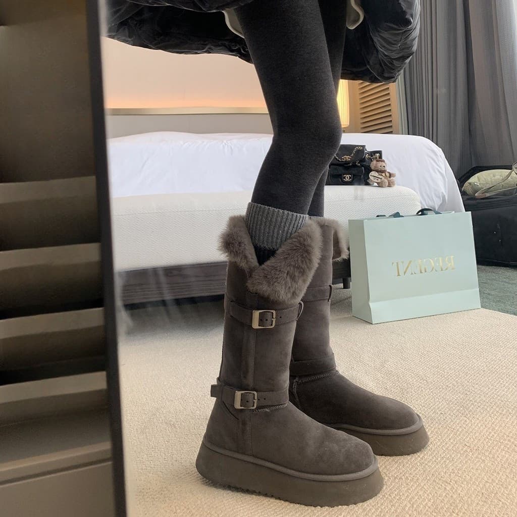 Botas de inverno femininas de sola grossa, sapatos de algodão, botas de neve quentes e felpudas, de comprimento médio c