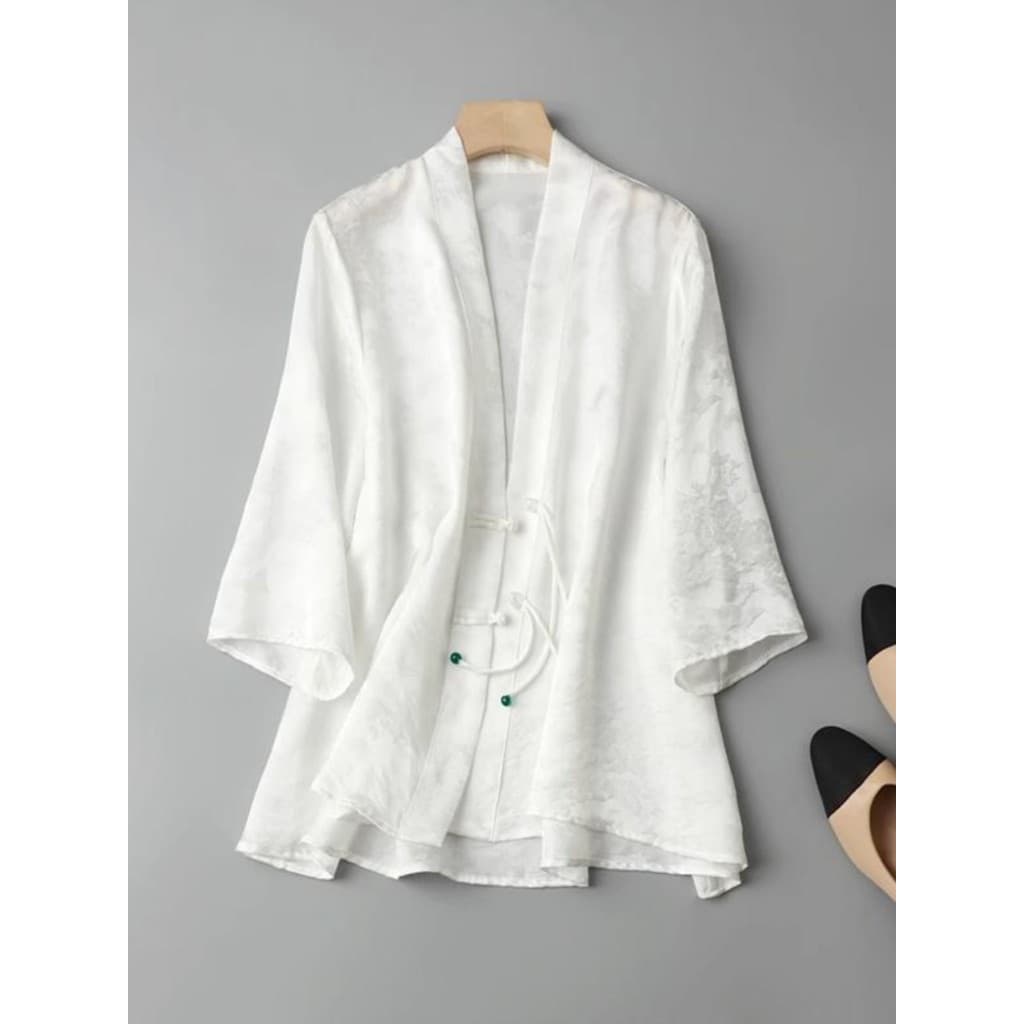 Novo estilo chinês cetim Jacquard camisa jaqueta feminina primavera verão novo estilo Retro fivela melhorada Hanfu Cardi