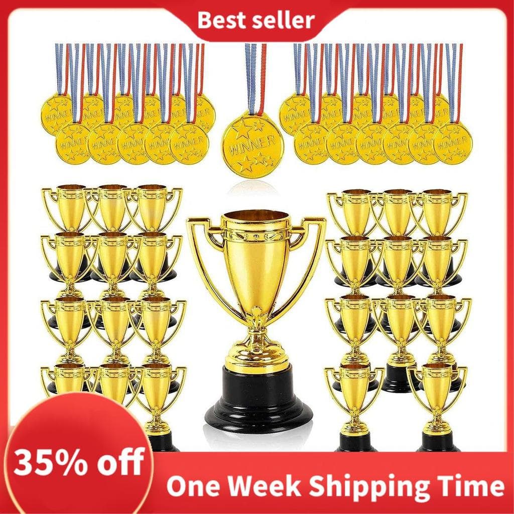 20 Peças Mini Troféus E Medalhas Prêmios , Vencedoras Para Crianças Adultos-Perfeitas Lembrancinhas Douradas + Pretas