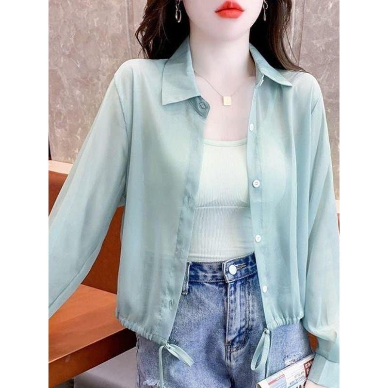 Chiffon xale chique camisa Cardigan protetor solar pequeno verão blusa curta elegante redução de idade terno Multi-peça