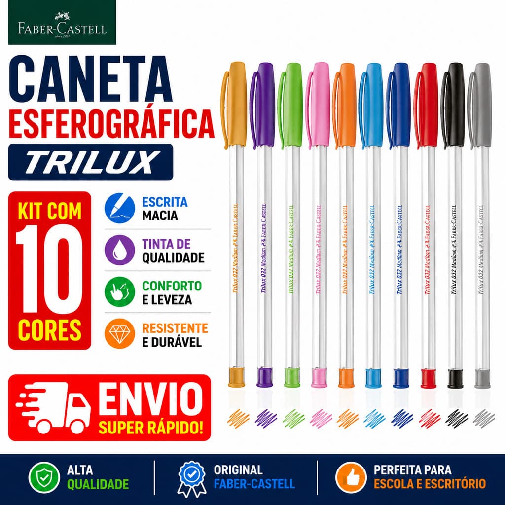 Kit Caneta Esferográfica Faber Castell Trilux 10 Cores 1.0mm Colorida Escrita Macia Escolar Original