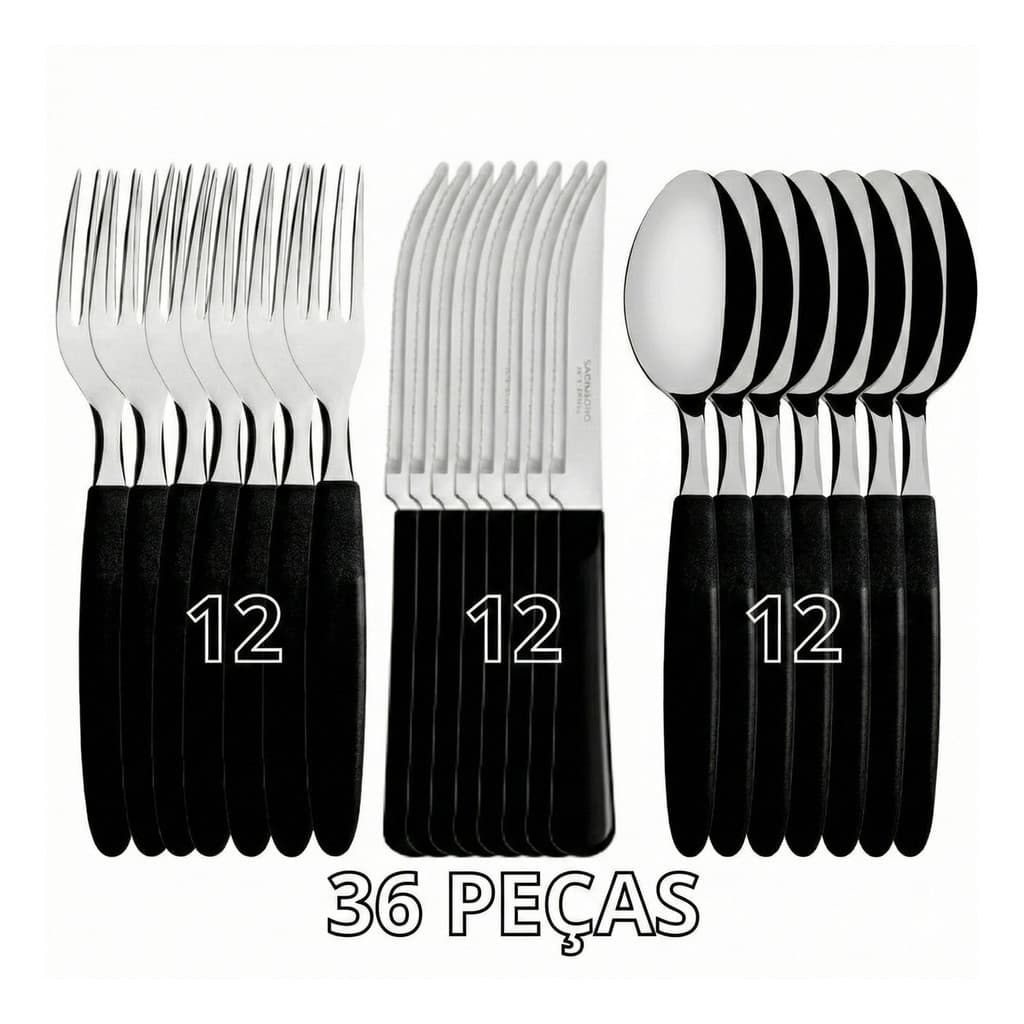 Kit Jogo 36 Talheres Faca Garfo Colher Inox Cabo Preto