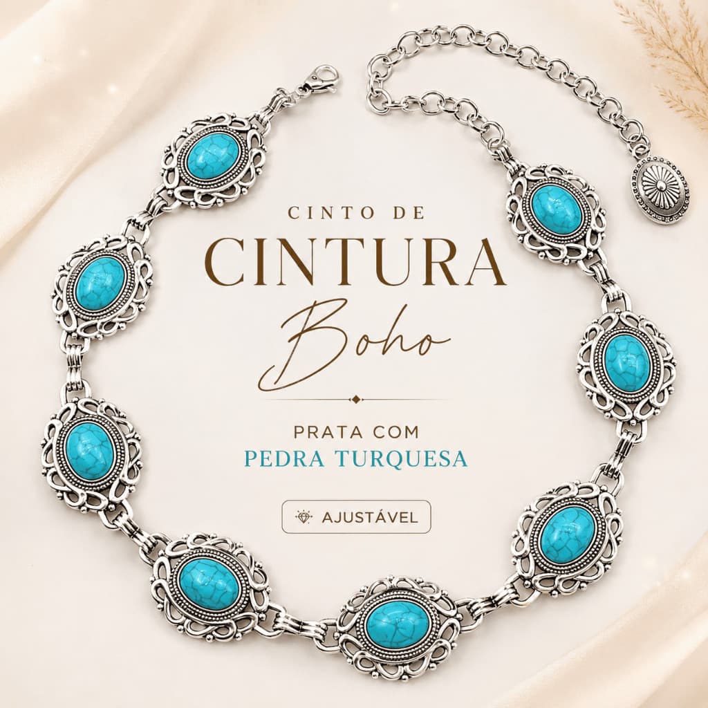 Cinto de Cintura Feminino Boho Prata com Pedra Turquesa | Corrente Ajustável Estilo Western Praia Festival