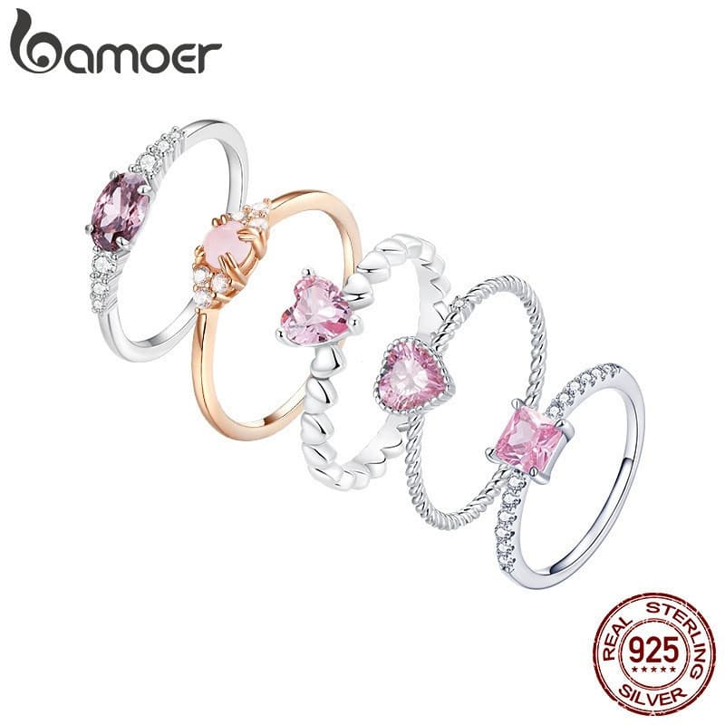 Anel de Zircônia Rosa em Prata Esterlina 925 Bamoer, Joia de Moda, Anel de Zircônia Rosa, Presente de Aniversário para M