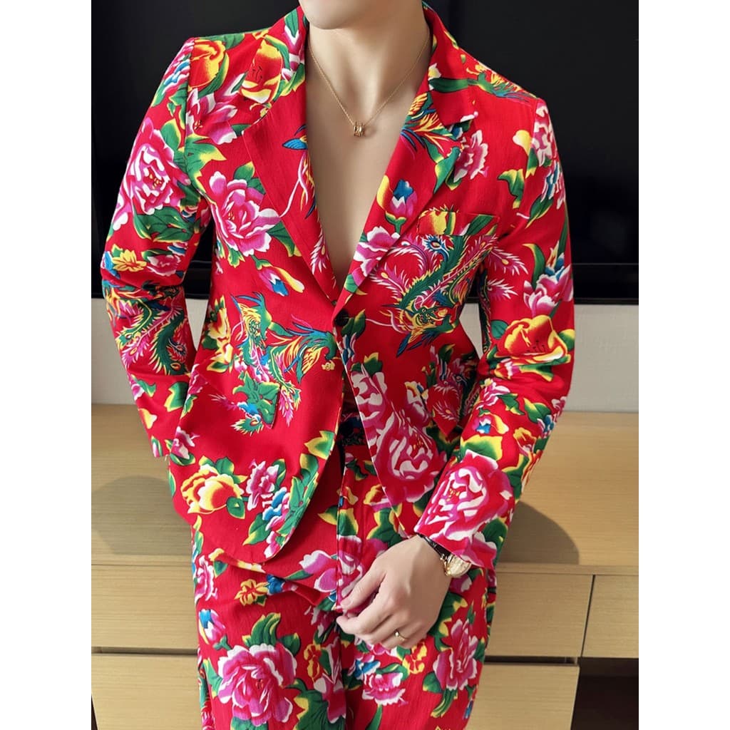 Influenciador nordeste grande flor pequeno terno masculino fino ajuste na moda calças desempenho de palco boate terno de