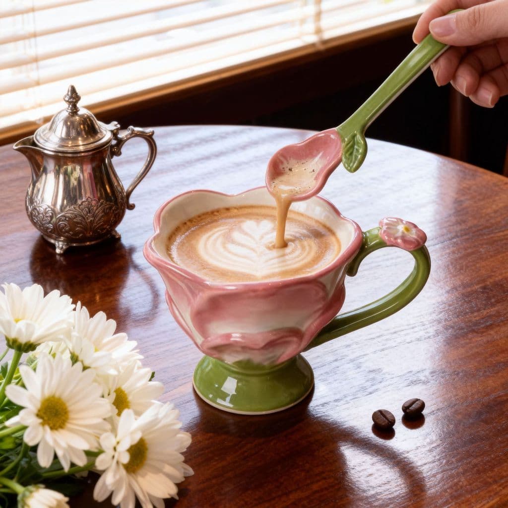 Copo de café de lótus pintado à mão, cor Underglaze de alto valor, criativo, pétala de cerâmica, colher, copo de flores