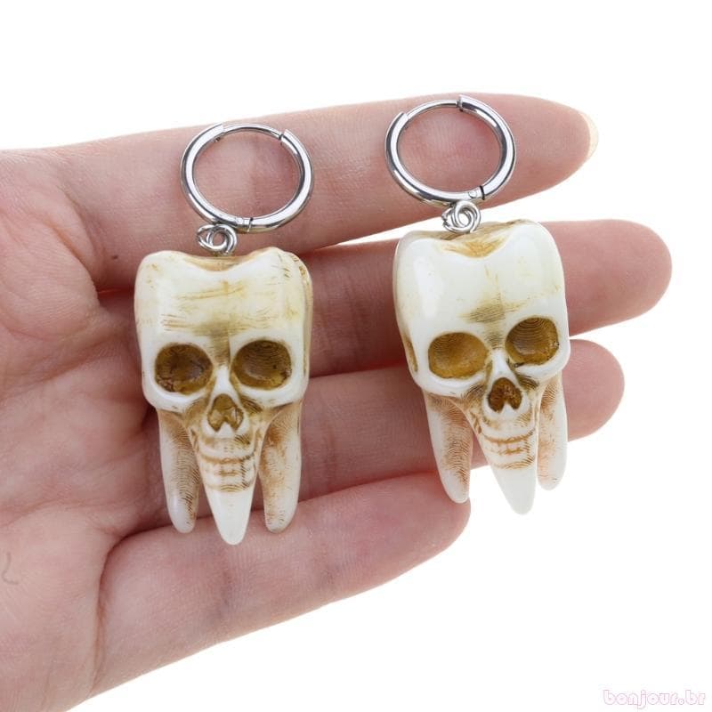 Multiuso Gótico Punk Crânio Dente Hoop Brincos Feitos À Mão Resina Balançar Portátil Para A Femi
