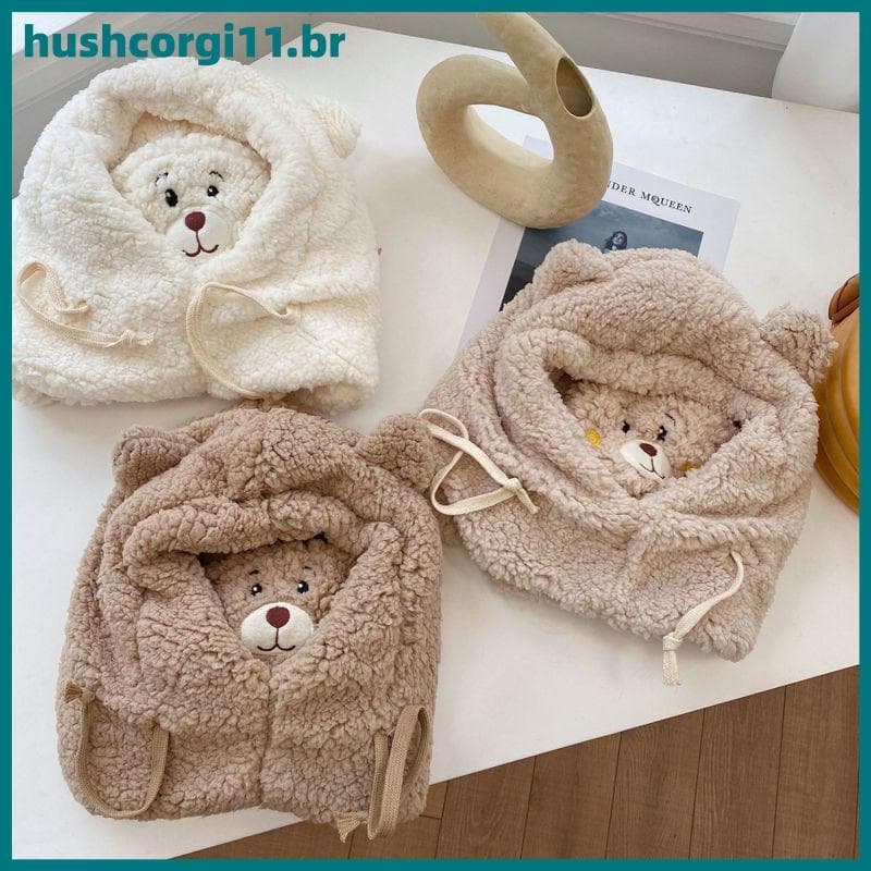 HUSH Urso Orelha Chapéu Cachecol Luvas Conjunto Inverno Feminino Gorros Bonés De Lã Quente Menina Presente BR