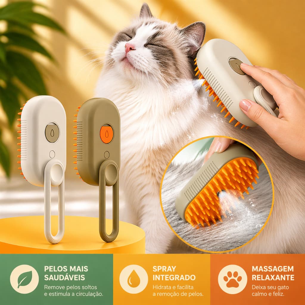 Escova Pet 3 em 1 a Vapor Elétrica Removedora de Pelos Desembaraçadora para Cães e Gatos
