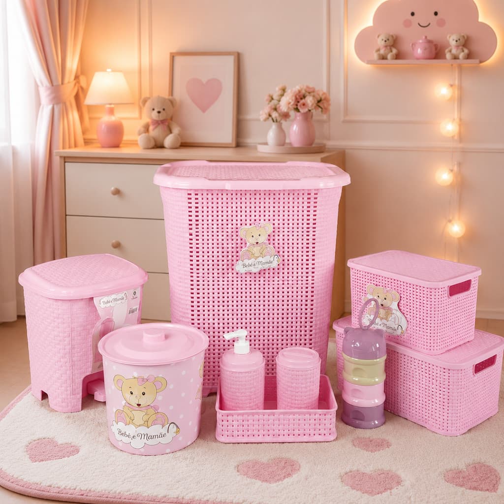 Kit Completo Rosa com Porta Leite em Pó Menina para Quarto de Bebê - Monte Líbano