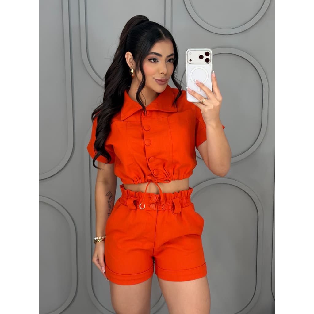 Conjunto Linho Feminino Blusa Cropped Botão e Short Cintura Alta Com Elástico Moda Casual Versátil