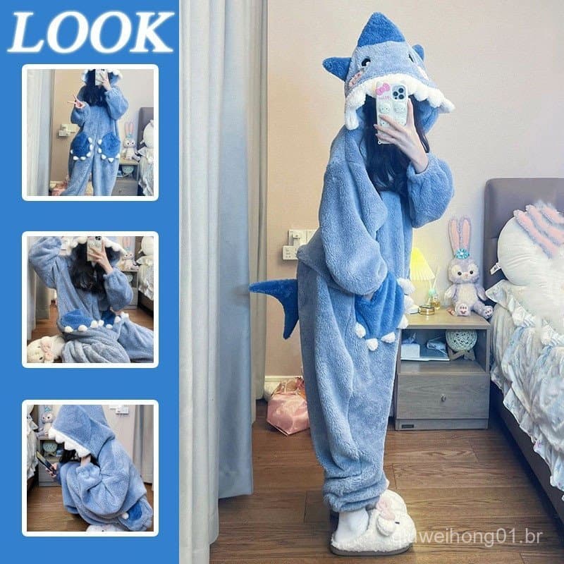 Kigurumi de Tubarão com Capuz em Fleece Coral, Pijama Feminino para Festa e Carnaval 4825 NE1P