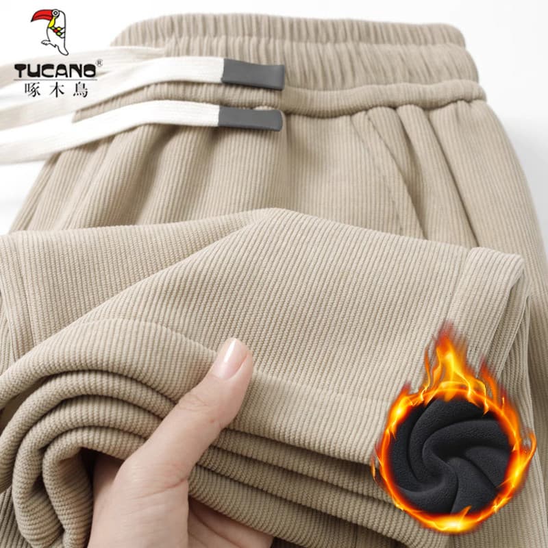 Woodpecker outono inverno calças casuais estilo masculino forro de lã engrossado solto em linha reta resistente a rugas