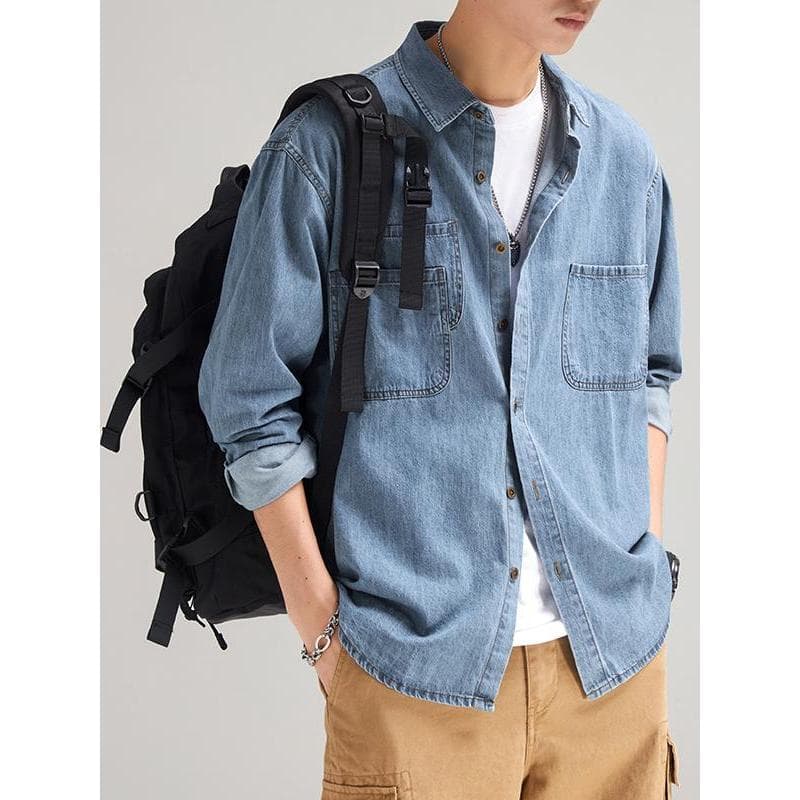 Design sentido rufião bonito outono masculino Casual puro algodão de manga comprida camisa jeans masculina versão corean