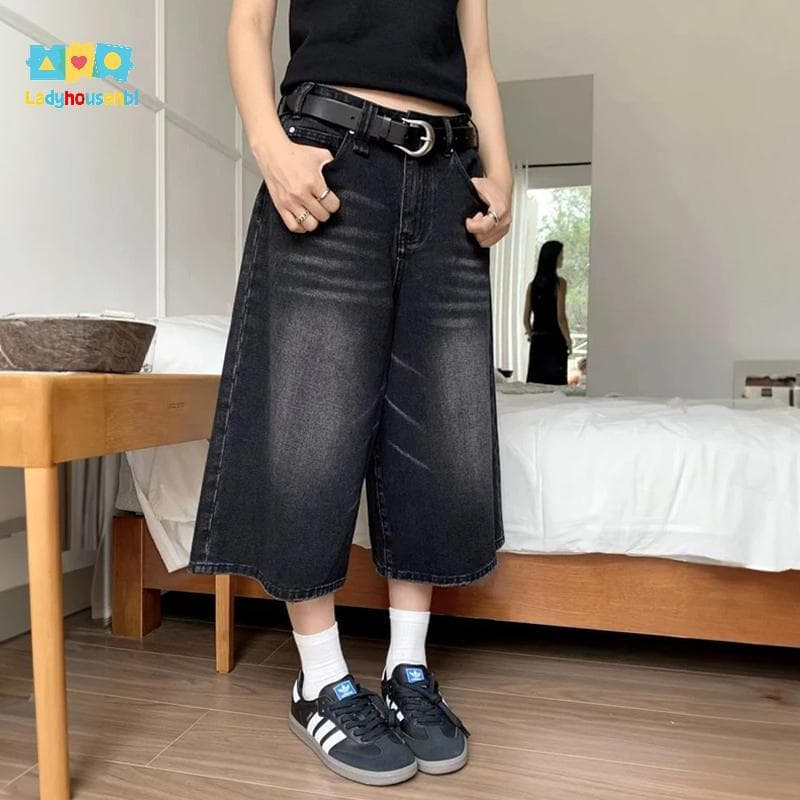 LAHG > Shorts Jeans Folgados Vintage Y2k , Calças Largas Para Mulheres E Homens , Moda Cintura Alta , Lavagem Na Altura