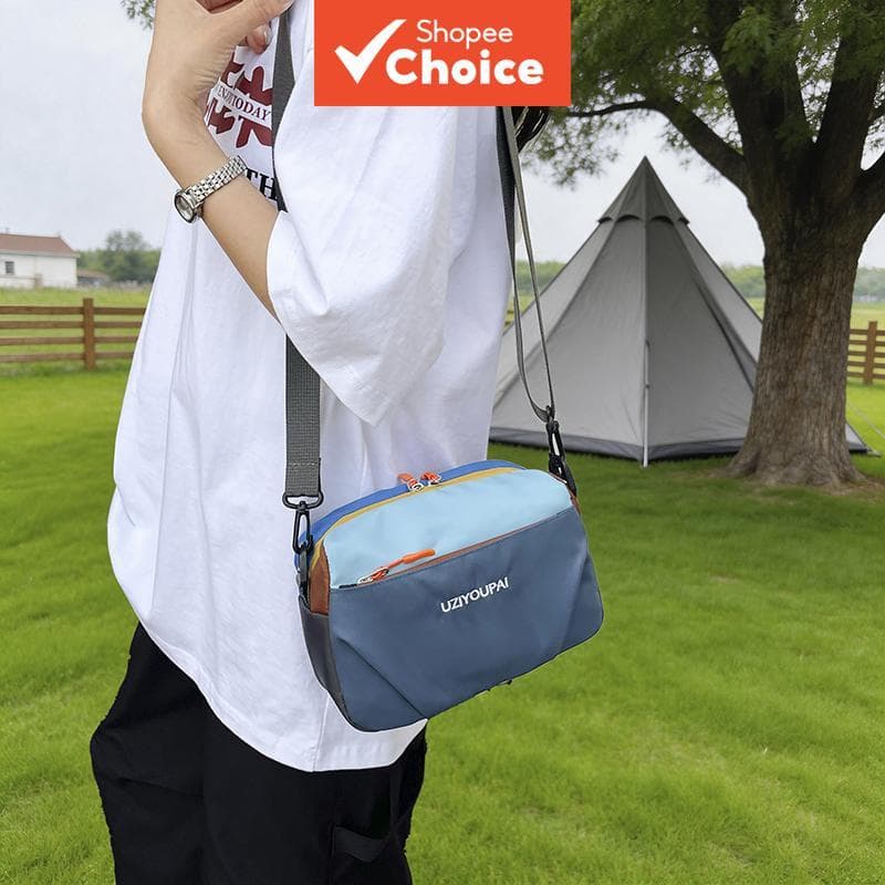 Bolsa tiracolo feminina casual de náilon com blocos de cor, vários bolsos com zíper