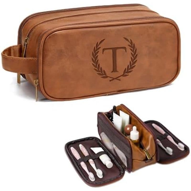 Bolsa De Higiene De Viagem Para Homens Com Iniciais Gravadas Em Couro PU (Marrom Escuro K)