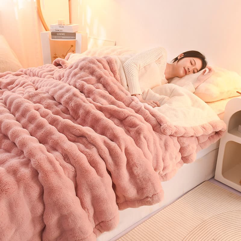 Inverno três camadas acolchoado bolha velo cobertor engrossado coelho pelúcia nap Break cobertor flanela Coral F