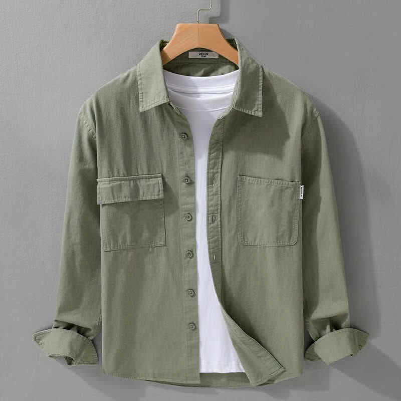 Camisa de trabalho de algodão puro estilo Hong Kong masculina de manga comprida solta Retro primavera outono estilo na m