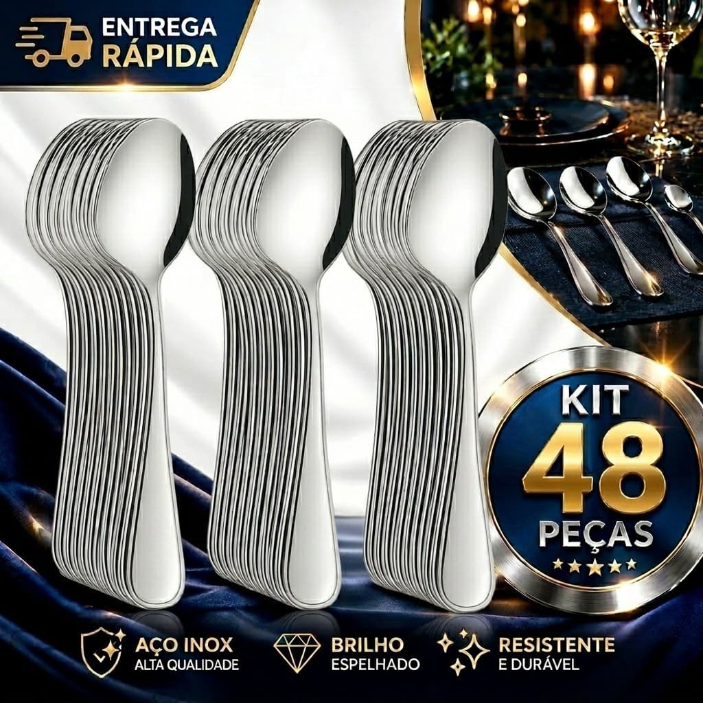 Jogo de Talheres 48 Peças Colher de Sopa em Aço Inox Jogo de Talher Colheres de Mesa PREMIUM