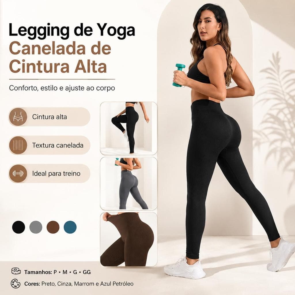 Legging Feminina de Yoga Canelada Cintura Alta, Calça Fitness Elástica para Academia, Treino e Dia a Dia – P ao GG
