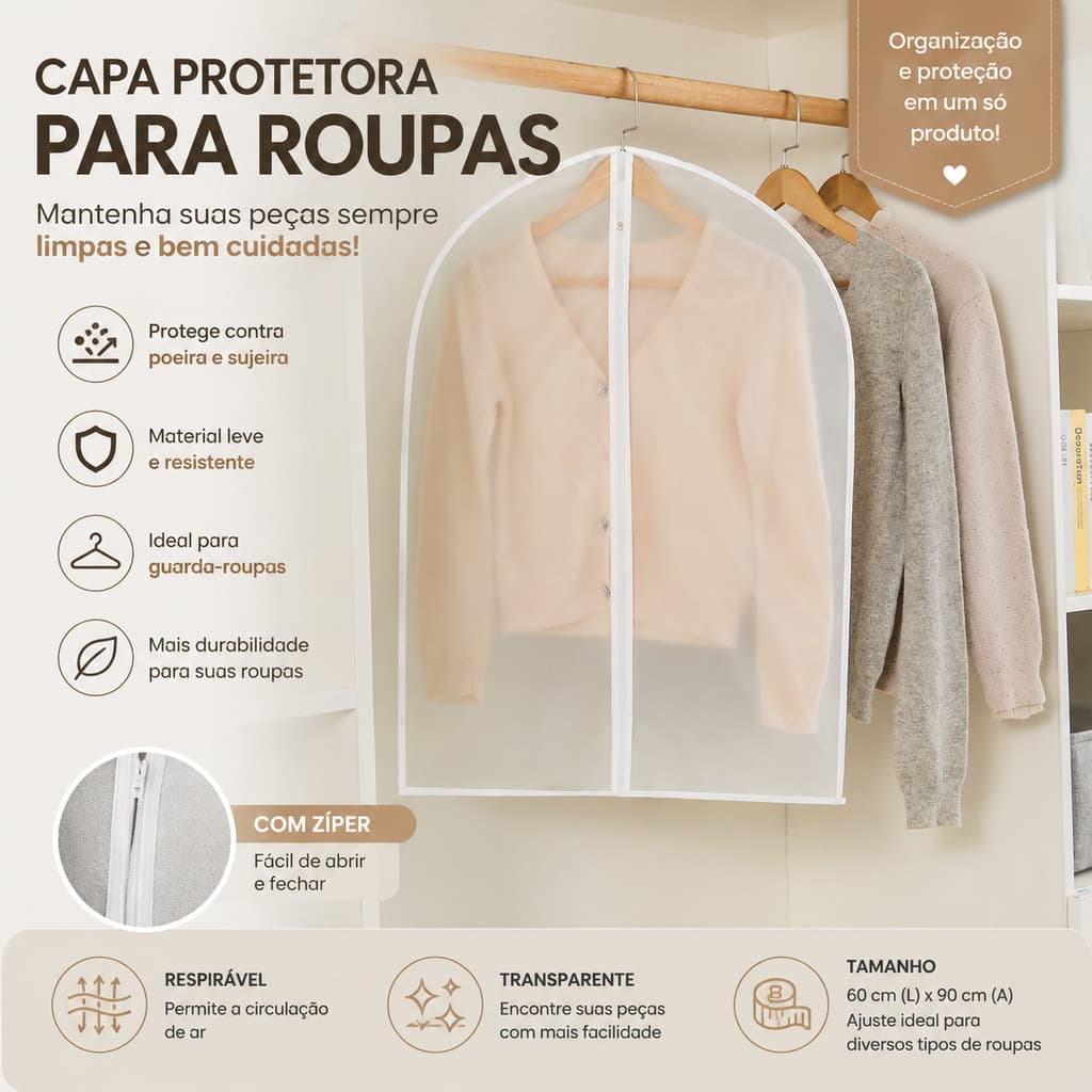 Kit Capa Protetora Para Roupas Nobres Ternos Casacos Longos Tecido Ventilado Sem Mofo Para Closets Pequenos