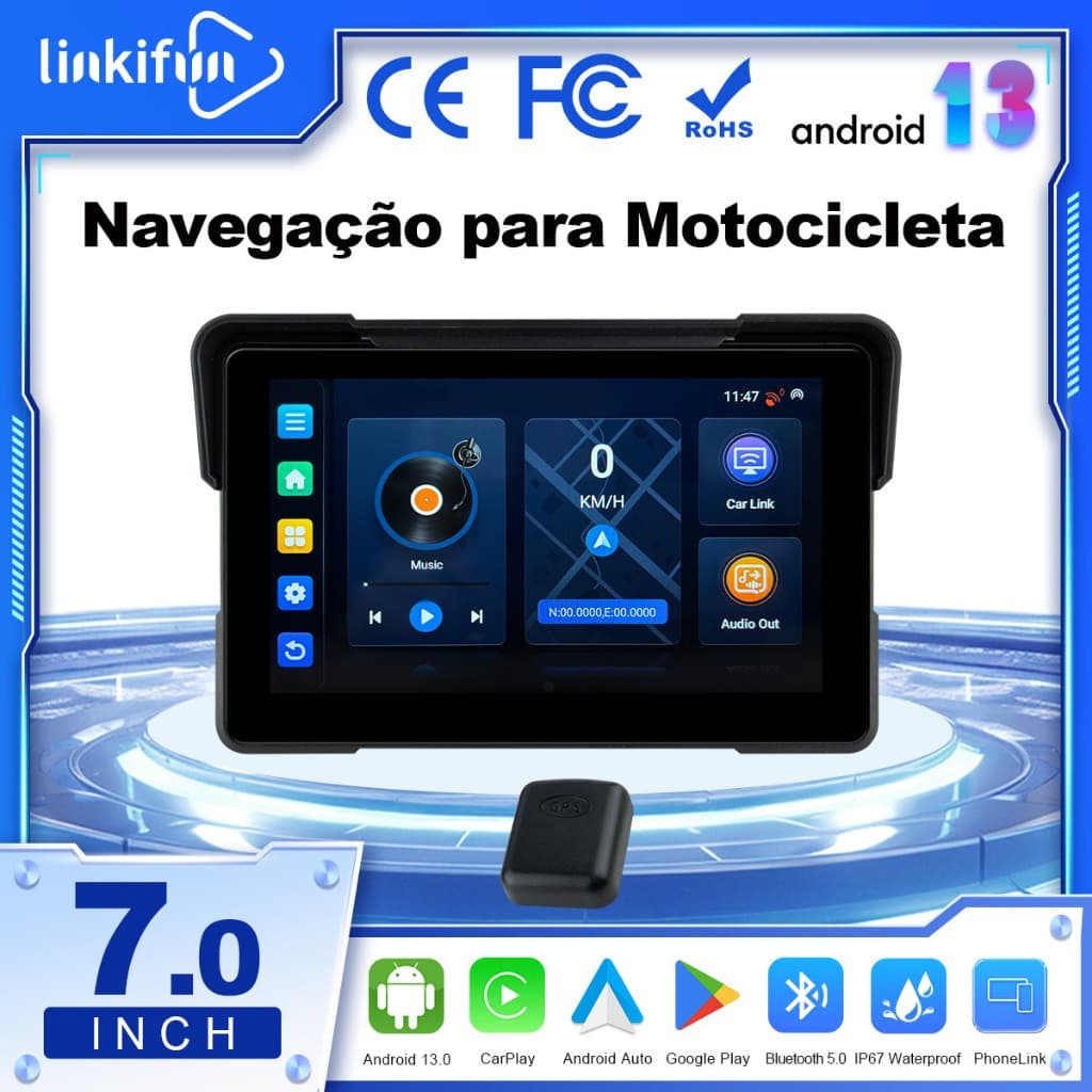 Linkifun MT21 Tela De Navegação Para Motocicleta Android 13 De 7 Polegadas , Apple CarPlay Sem Fio E Auto , GPS , Wi-Fi